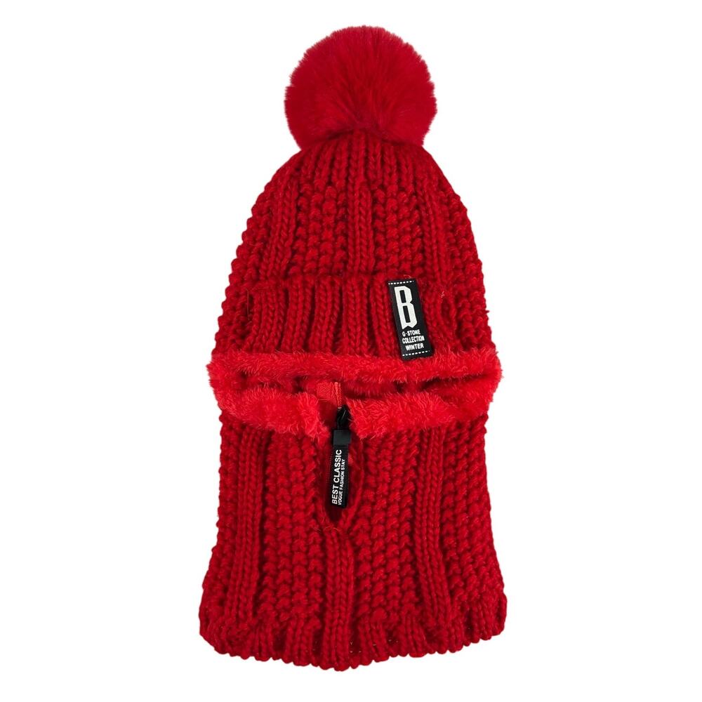 Fleece-Lined Balaclava-Style Knit Hat-Red-One Size Fits Most